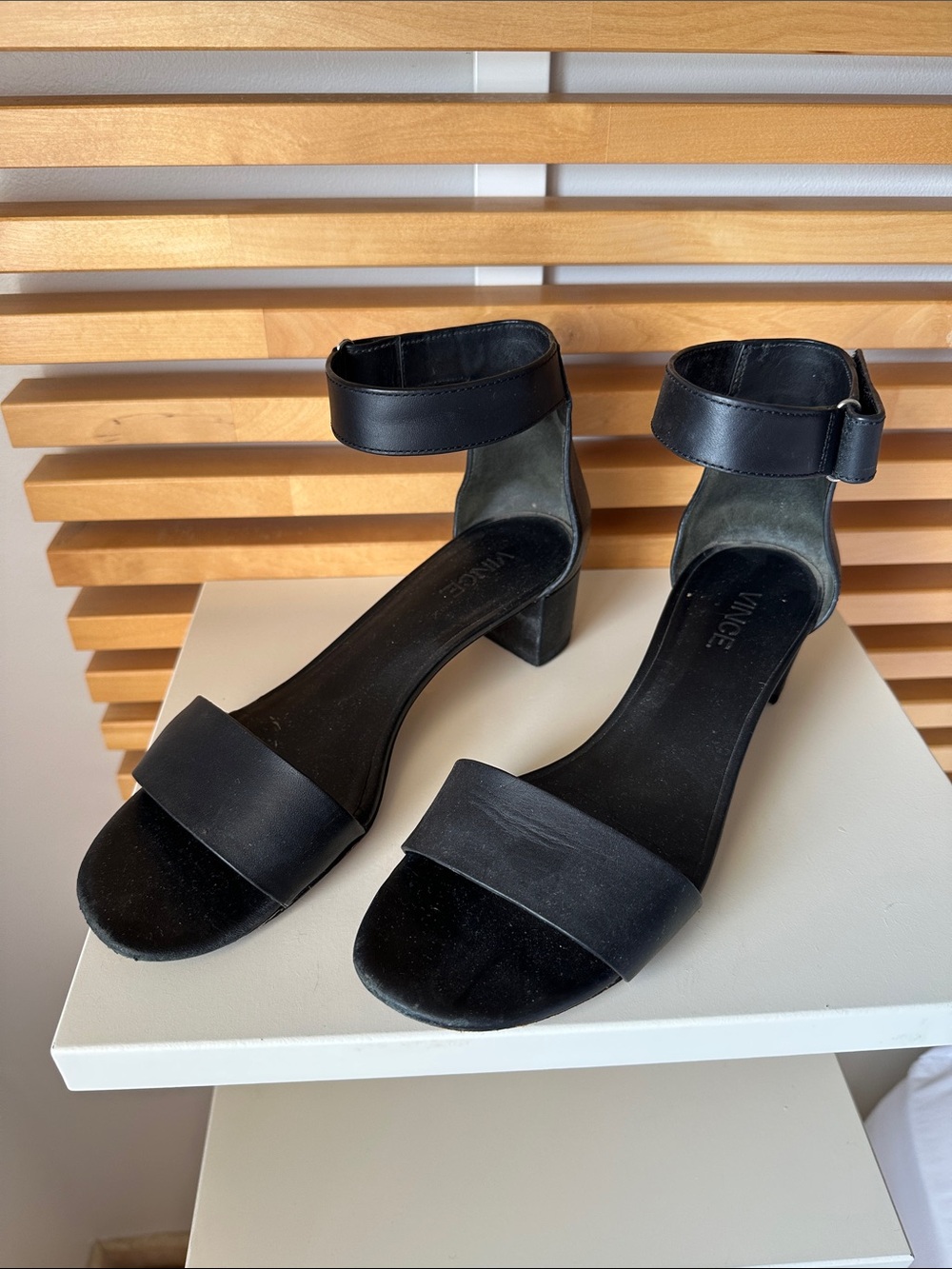 Vince Black Leather Ankle-Strap Block Heels